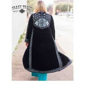 Crazy Train Black and Teal Long Velvet Duster L